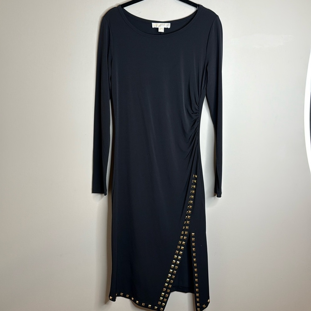 Michael Kors Black Knit Dress with Slit and Gold Stud Detailing